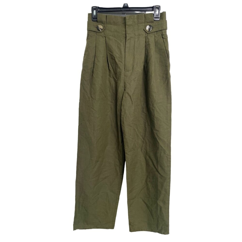 Zara Woman Size Small S SM High Waisted Wide Leg Olive Pants folded waistband